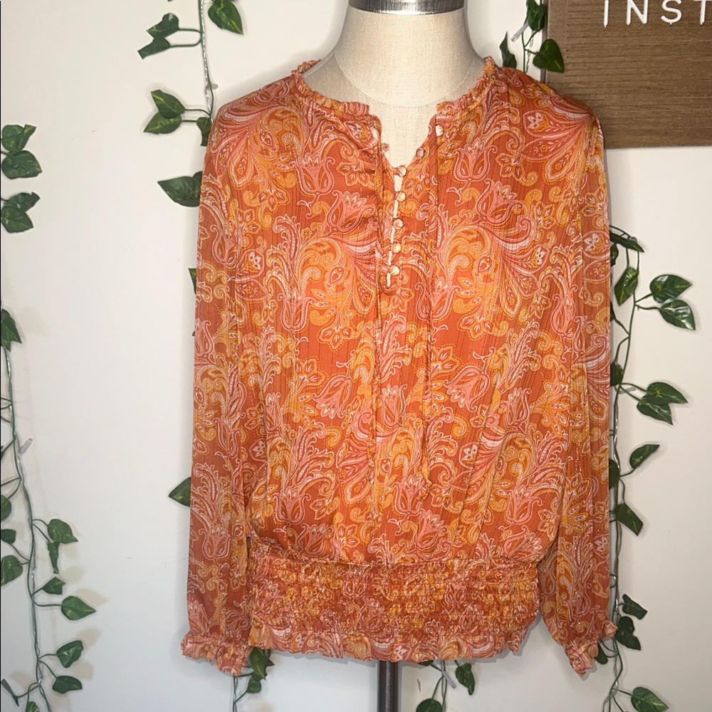 Jessica Simpson Longsleeve Orange Paisley Shimmer Double Lined Front Sheer Top